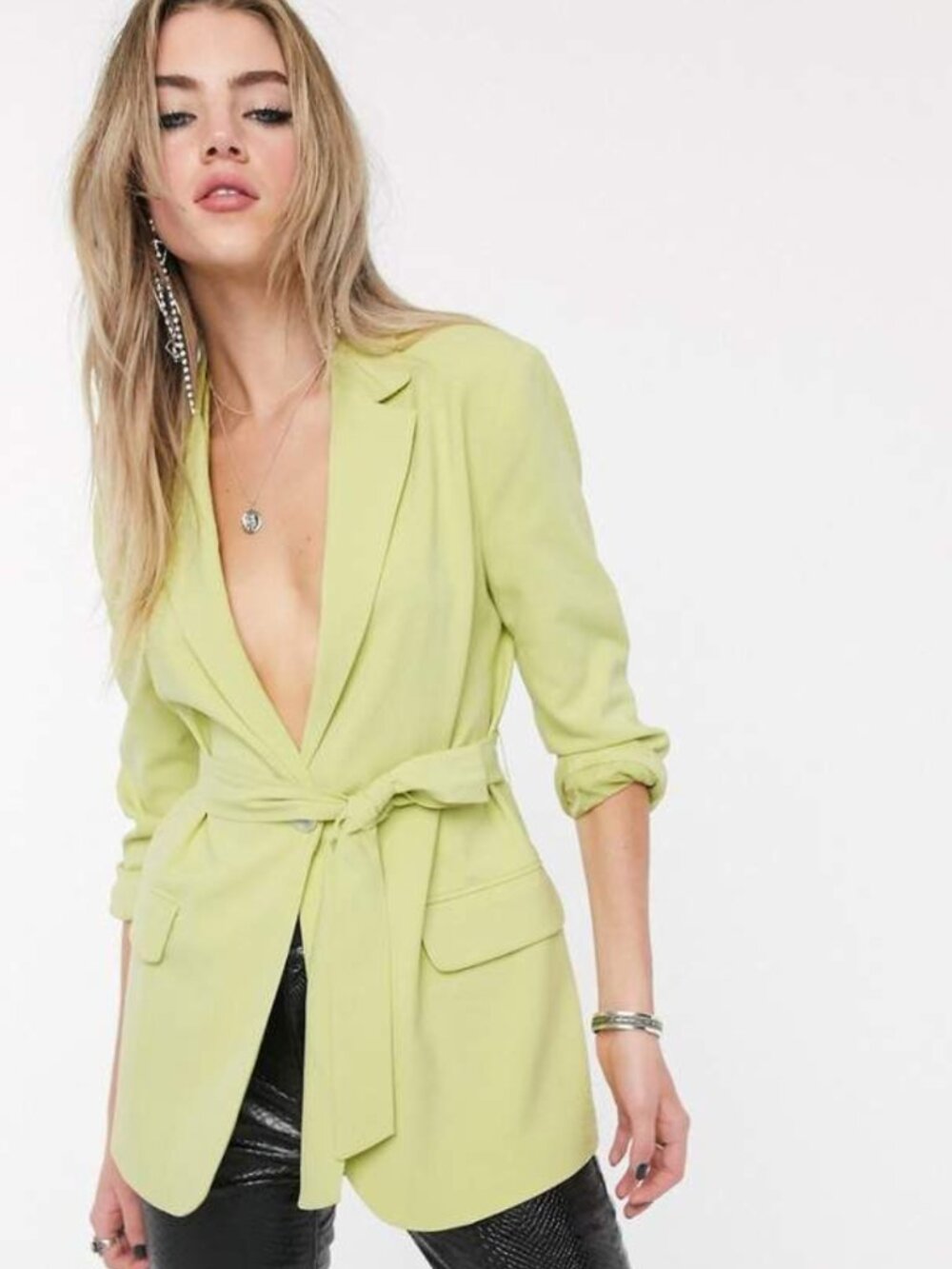 Bershka Limey-Yellow Tie-Belt Blazer Jacket Size M